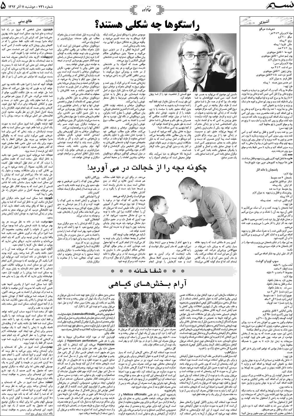 صفحه خانواده روزنامه نسیم شماره 731